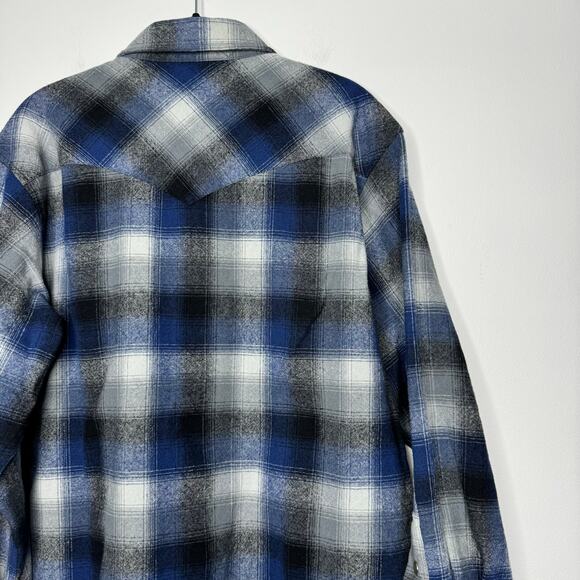 Pendleton Western Pearl Snap Wool Shirt Blue Plaid Men’s Large Vintage USA - Picture 8 of 9
